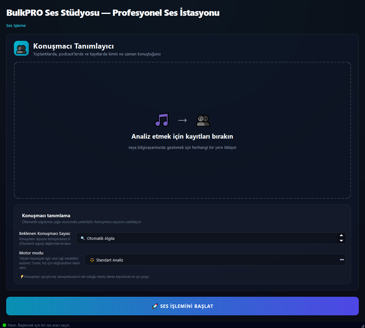 Konuşmacı Tanımlayıcı aracı BulkPro uygulamasında, Windows'ta