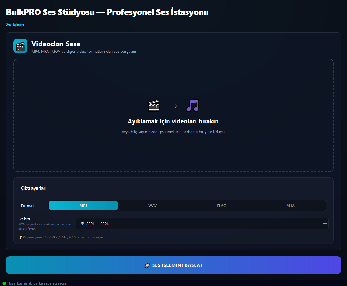 Video'dan Ses Çıkarma aracı BulkPro uygulamasında, Windows'ta