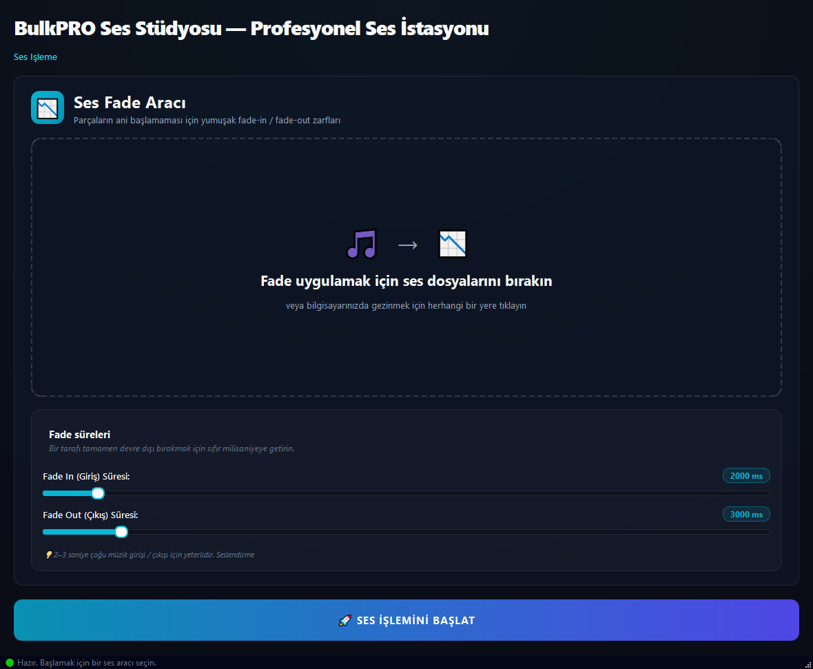 Ses Fade (Geçiş) aracı BulkPro uygulamasında, Windows'ta