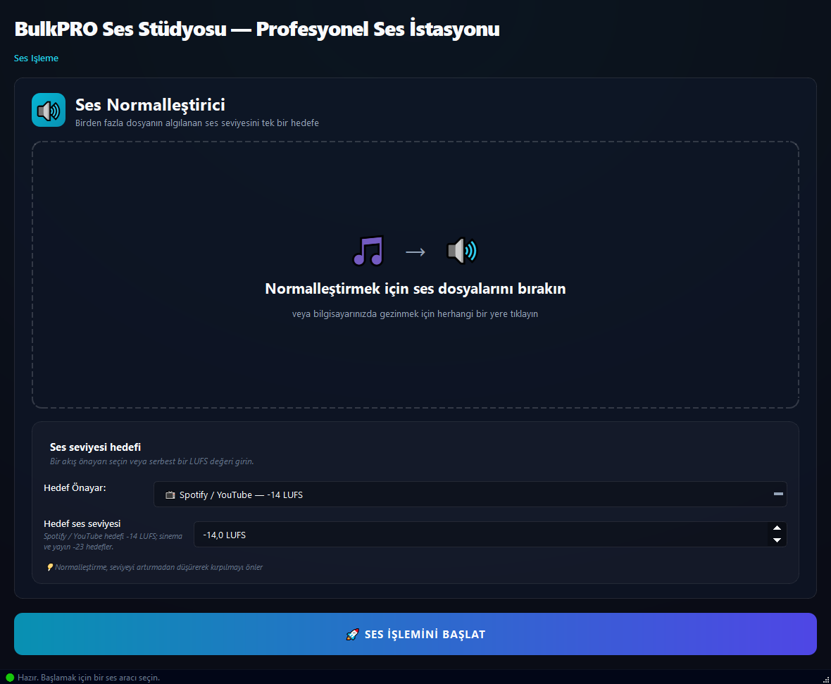 Ses Normalizasyonu aracı BulkPro uygulamasında, Windows'ta