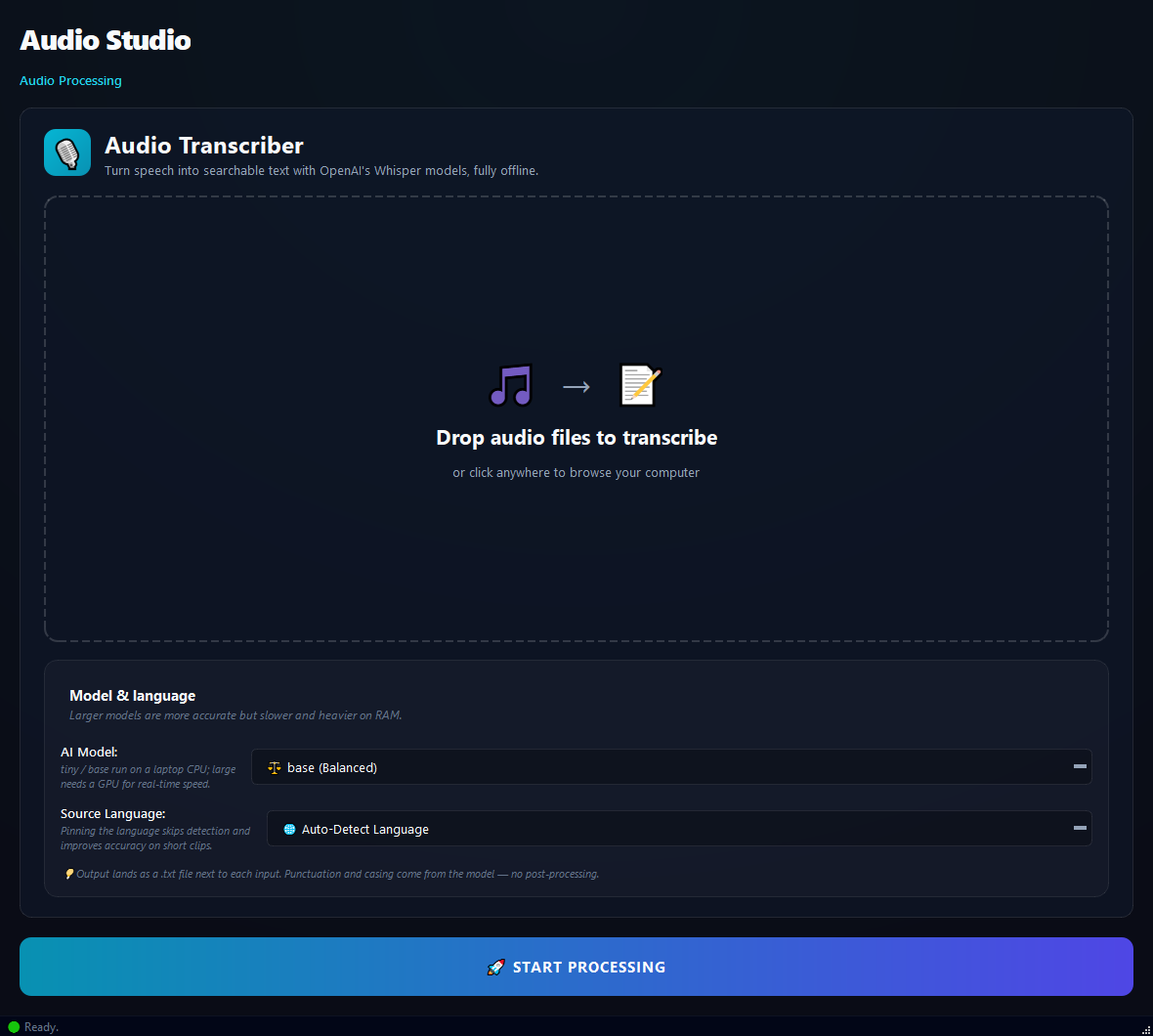 Audio Transcriber running in BulkPro on Windows