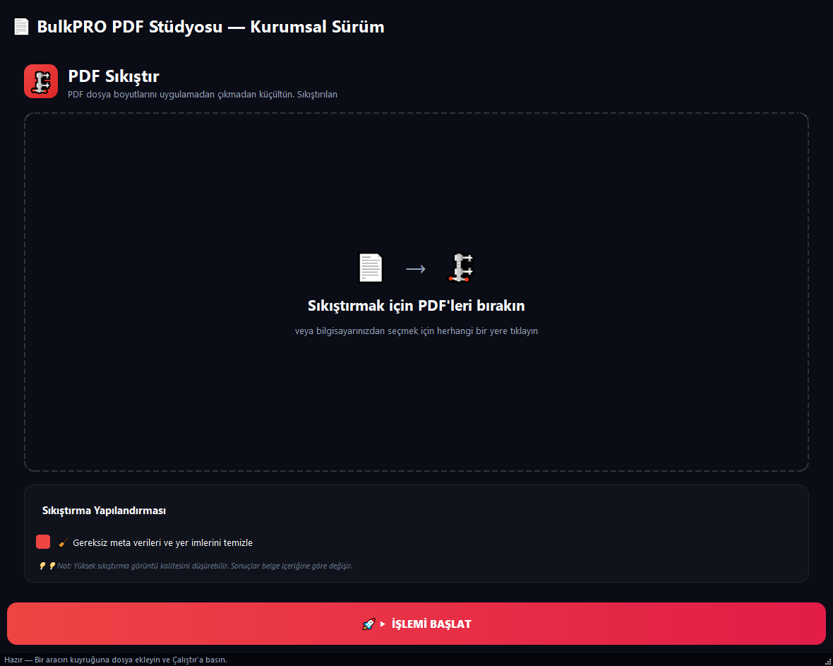 PDF Sıkıştırma aracı BulkPro uygulamasında, Windows'ta
