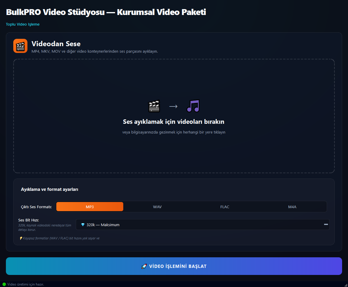 Video'dan Ses Çıkartıcı aracı BulkPro uygulamasında, Windows'ta