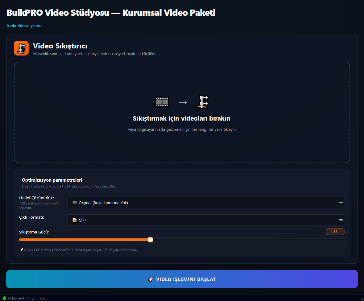 Video Sıkıştırma aracı BulkPro uygulamasında, Windows'ta
