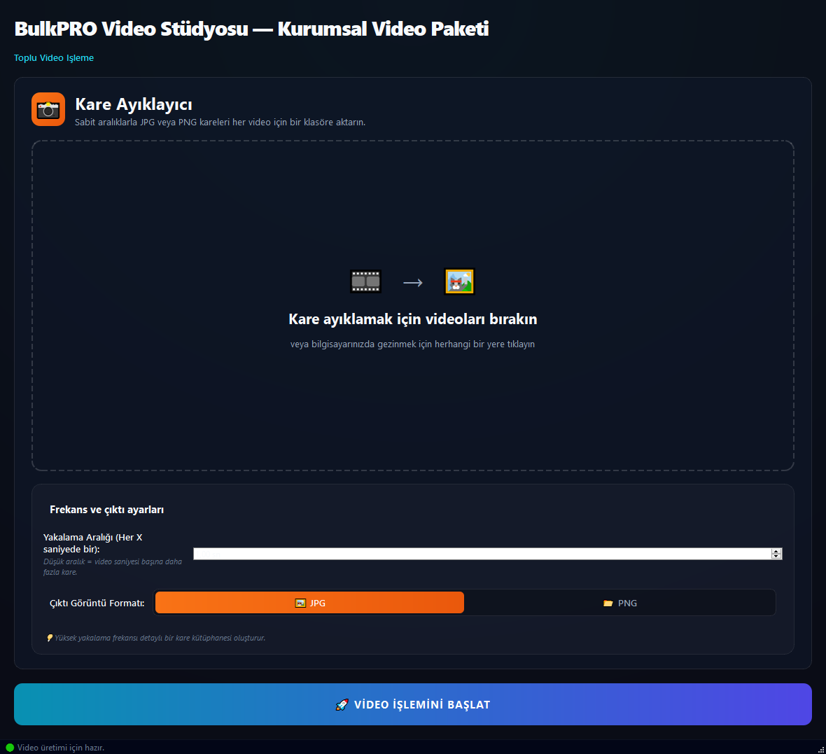 Video Kare Çıkarıcı aracı BulkPro uygulamasında, Windows'ta