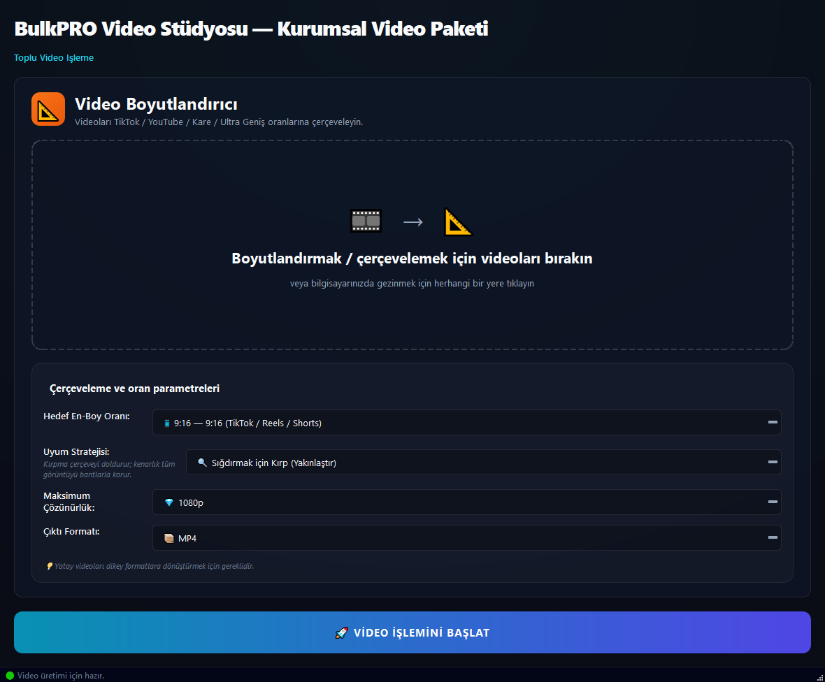 Video Yeniden Çerçeveleme aracı BulkPro uygulamasında, Windows'ta
