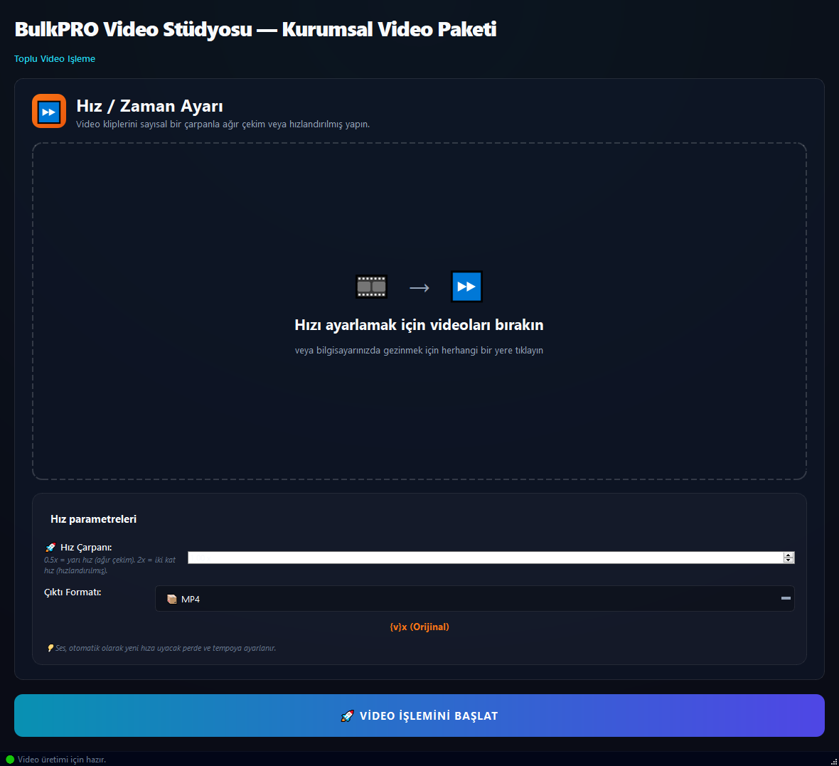 Video Hız Kontrolü aracı BulkPro uygulamasında, Windows'ta